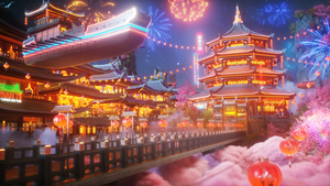 Chinese New Year, Fireworks, Traditional, Floating, Surreal, Illuminated, Lunar New Year, Lanterns, 4K wallpaper