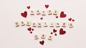 Happy Valentines Day, Scrabble letters, Red hearts, White background, Wooden letters, 4K wallpaper