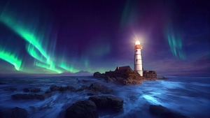 Lighthouse, Artist, Artwork, Digital Art, Nature, Aurora, 4K wallpaper