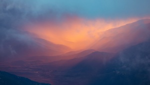 Sierra Nevada mountains, Sunset, Foggy, Valley, California, 4K wallpaper