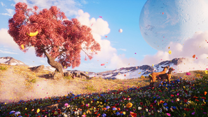Wildflowers, Landscape, Surreal, Deer, Timeless, Magical, Solitude, Harmony, Peaceful, Moon, 4K wallpaper