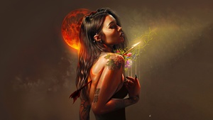 Red moon, Fantasy girl, Broken, Digital Art, 4K wallpaper