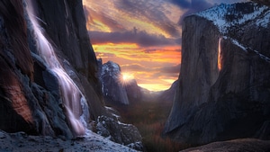 Waterfall, California, Mountains, Nature, 4K wallpaper
