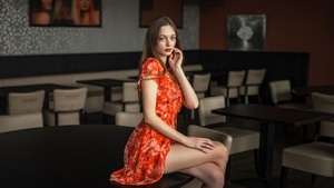 Brunette, Girls, Model, Orange Dress, 4K wallpaper