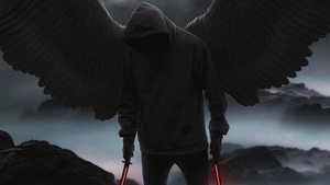 Hoodie, Wings, Angel, Dark, Black, Artist, Artwork, Digital Art, 4K wallpaper