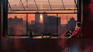 Alone, Cat, Sunset, Artist, Artwork, Digital Art, Artstation, 4K wallpaper