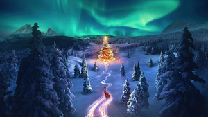 Christmas tree, Aurora sky, Snowy Trees, Aesthetic Christmas, Santa Claus chariot, Photorealistic, Winter Road, December, 4K wallpaper