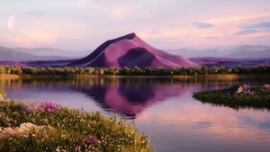 Majestic, Landscape, Ultrawide, Purple aesthetic, Vibrant, Lake, Mountain, 4K wallpaper