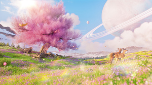 Magical, Landscape, Saturn, Surreal, Deer, Timeless, Solitude, Harmony, Peaceful, Spring, Pink aesthetic, Lone tree, 4K wallpaper