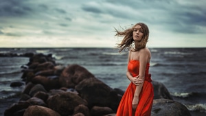 Girls, Orange Dress, Model, 4K wallpaper