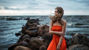 Girls, Orange Dress, Model, 4K wallpaper