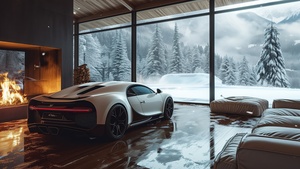 Bugatti Chiron, Cozy, Aesthetic interior, Winter, Fireplace, 4K wallpaper