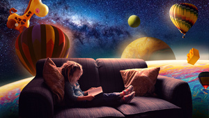 Cute Girl, Reading book, Couch, Floating, Outer space, Dream, Surreal, Hot air balloons, 4K wallpaper