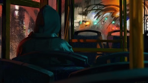 Hoodie, Rain, Bus, Artist, Artwork, Digital Art, Artstation, 4K wallpaper