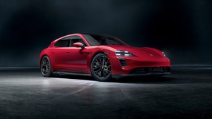 Porsche Taycan GTS, Dark background, Luxury electric cars, Red cars, 4K wallpaper
