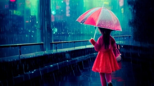 Neon, Rain, Umbrella, Artist, Artwork, Digital Art, 4K wallpaper