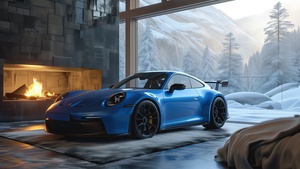 Porsche 911 GT3, Cozy, Winter, Fireplace, 4K wallpaper