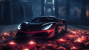 Ferrari, Sports car, Halloween background, Pumpkins, Darkness, Castle, 4K wallpaper