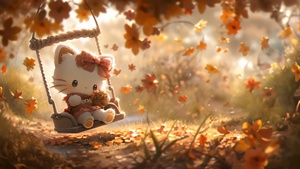 Hello Kitty, Autumn background, Adorable, Swing, Surreal, Aesthetic, 4K wallpaper