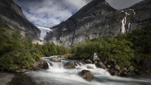 Landscape, Trees, Glacier, Rocks, Clouds, Nature, 4K wallpaper