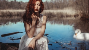 Girls, Redhead, Model, Lake, 4K wallpaper
