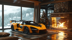 McLaren Senna, Cozy, Aesthetic interior, Winter, Fireplace, Christmas tree, 4K wallpaper