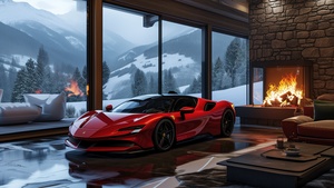 Ferrari SF90 Stradale, Cozy, Aesthetic interior, Winter, Fireplace, 4K wallpaper
