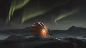 Astronaut, Surrealism, Spaceship, Aurora sky, 4K wallpaper