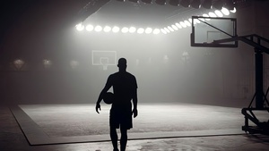 Basketball player, Silhouette, Basketball court, Basketball backboard, Indoor, Alone, 4K wallpaper