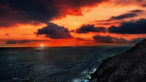 Sunset, Boat, Nature, 4K wallpaper