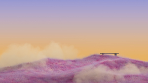 Pink grass, Landscape, Sunset, Yellow sky, Bench, Tranquility, Minimalist, Horizon, Calm, 4K wallpaper