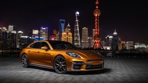 Porsche Panamera Turbo E-Hybrid, Shanghai, China Central TV Tower, Night, Cityscape, 2024, 4K wallpaper