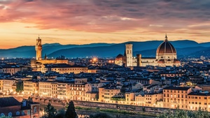 Italy, Sunset, Night lights, Cityscape, Church, Historical landmark, 4K wallpaper