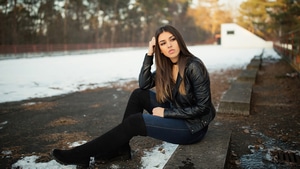 Leather, Jacket, Brunette, Girls, Model, 4K wallpaper