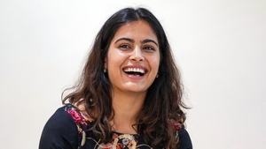 Manu Bhaker, Indian, White background, Smiling, 4K wallpaper