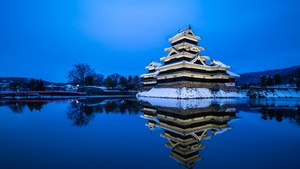 Japan, Historical landmark, Blue aesthetic, Winter, Japanese architecture, 4K wallpaper