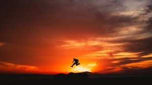 Hisma Desert, Sunset, Saudi Arabia, Man, Jumping, Silhouette, 4K wallpaper