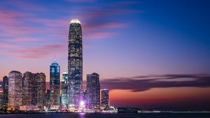 Hong Kong City, Sunset, Dusk, Skyline, Skyscrapers, Victoria Harbour, Blue hour, City lights, Cityscape, 4K wallpaper