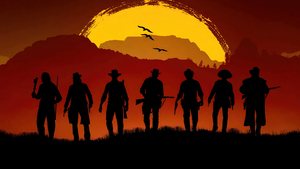 Red Dead Redemption 2, Gang, Silhouette, Sunset, Cowboys, Western, 4K wallpaper