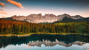 Karersee Lake, Sunset, Dolomites, Lago di Carezza, Alpine lake, Peaceful, Italy, 4K wallpaper