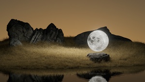 Full moon, Landscape, Rocks, Body of Water, Reflection, Surreal, Brown aesthetic, 4K wallpaper