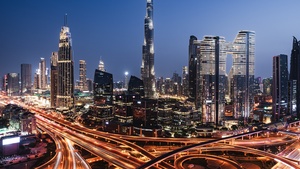 Downtown Dubai, Night lights, Burj Khalifa, Skyscrapers, Cityscape, City lights, Sheikh Zayed Road, Intersection, 4K wallpaper