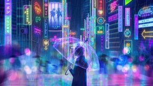 Anime Girl, Anime, Neon, Rain, Artist, Artwork, Digital Art, Umbrella, 4K wallpaper