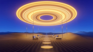 Futuristic, Desert, Glowing, Surreal, Pathway, Symmetry, Neon Lights, Modern lighting, Outdoor, Minimalist, Cosmic, Landscape, 4K wallpaper