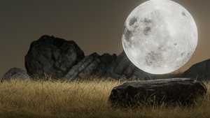 Full moon, Surreal, Landscape, Rocks, Brown aesthetic, 4K wallpaper