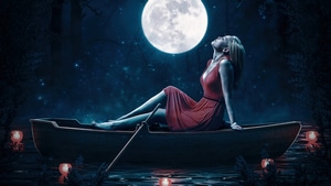 Red Dress, Girls, Moon, Artist, Artwork, Digital Art, Deviantart, 4K wallpaper