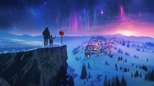 Winter, Aurora sky, Night sky, Christmas Eve, Magical, Cliff, Father - Son, Holidays, Northern Lights, Snow covered, 4K wallpaper