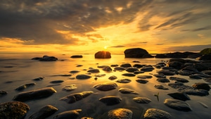 Sunset, Lake, Rocks, Nature, 4K wallpaper