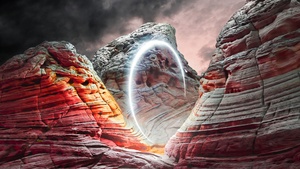 Illuminated, Circle light, Canyon, Sunset, Dusk, Rocks, 4K wallpaper