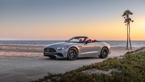 Mercedes-AMG SL Roadster, Sunset, Beach, 4K wallpaper